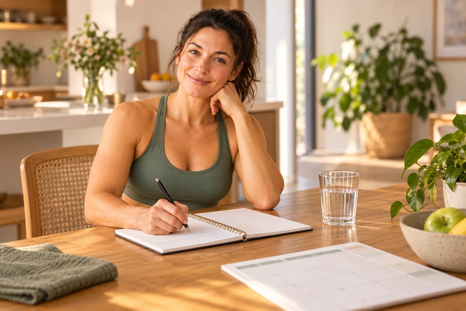 Fitness category avatar writing a simple weekly training and recovery plan at a kitchen table