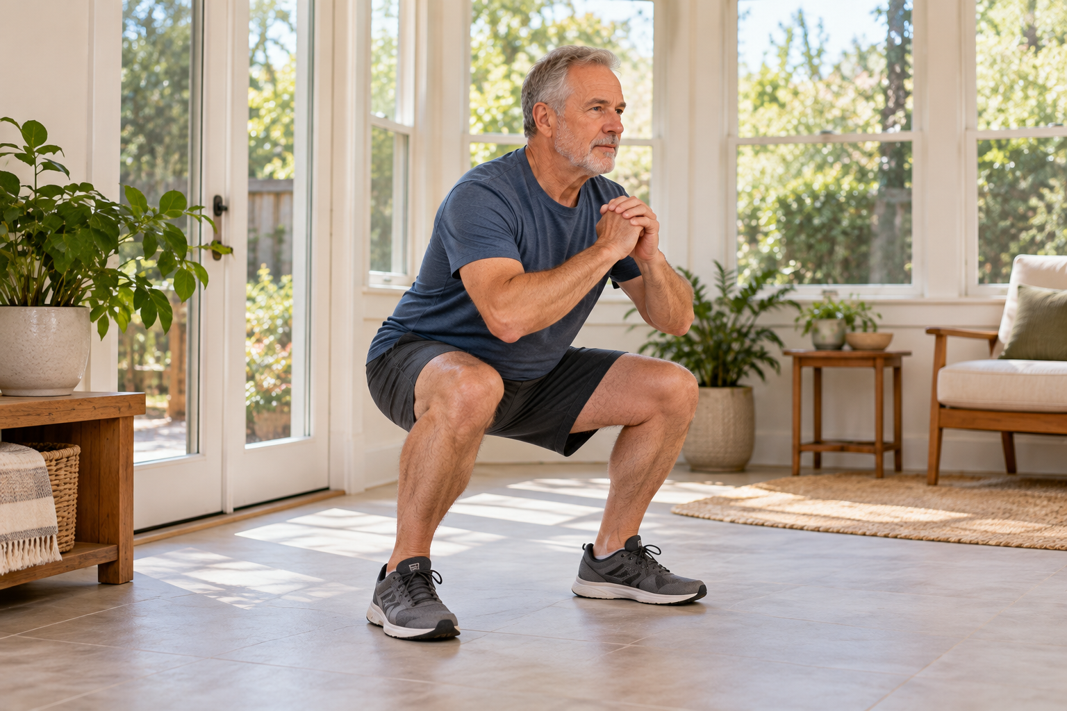 Older man doing a controlled bodyweight squat in a bright sunlit room.