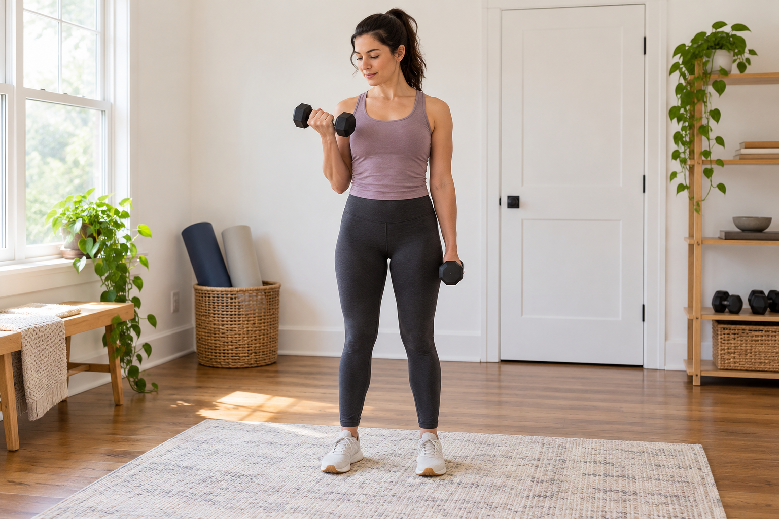 Woman performing a controlled dumbbell curl to illustrate one repetition in a bright home workout room.