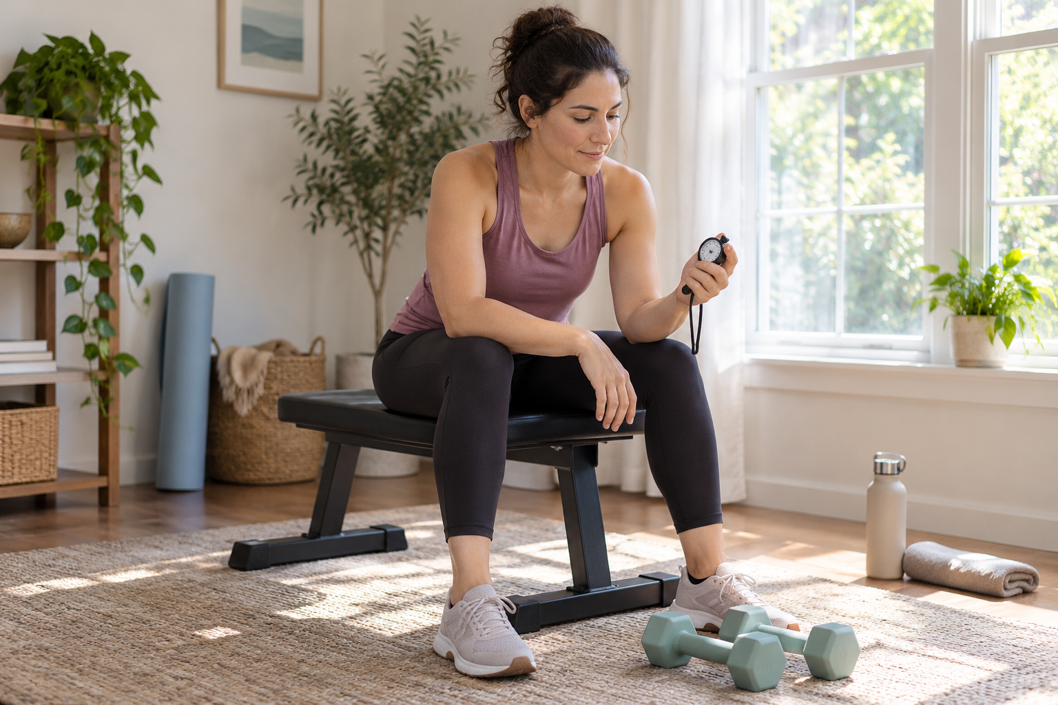 Woman seated on a bench checking a stopwatch while resting between beginner exercise sets.