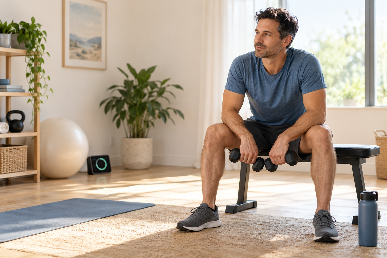 Man resting on a bench between beginner dumbbell sets in a bright home workout space.
