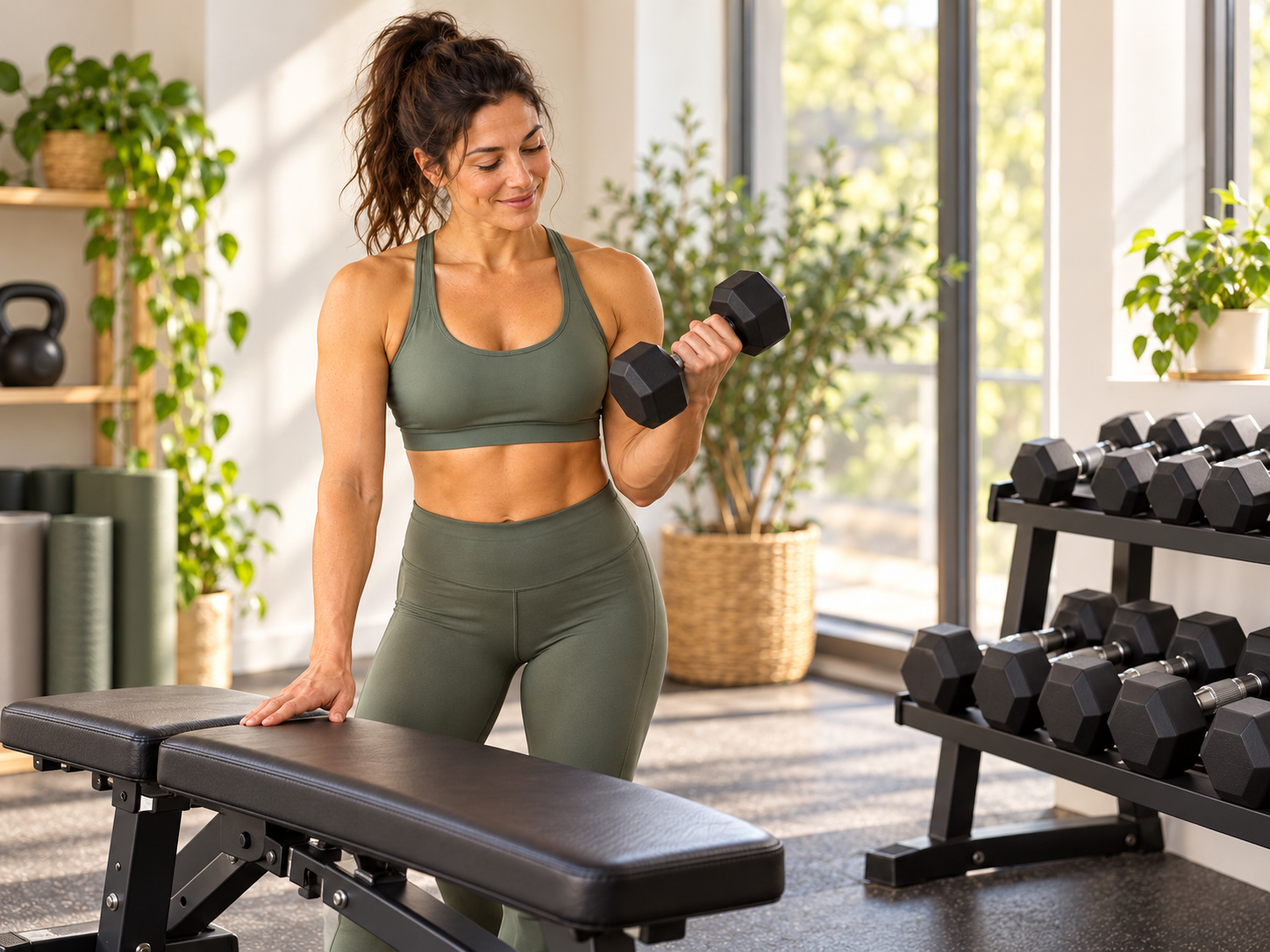 Fitness category avatar checking a dumbbell beside a bench in a quiet, welcoming gym station.