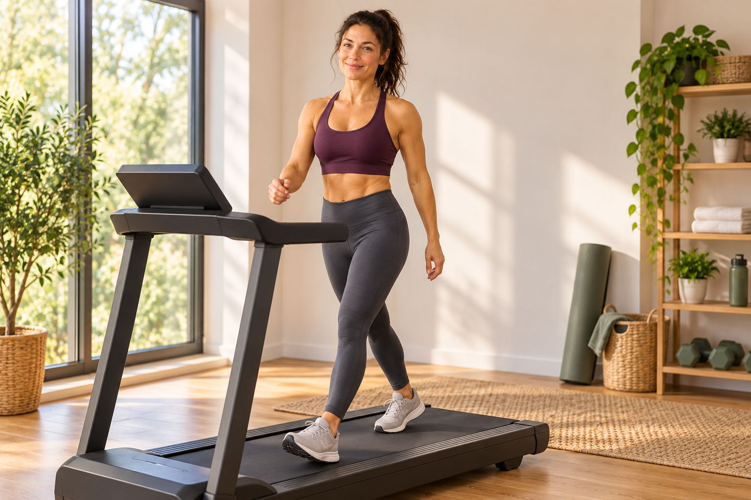 Fitness category avatar walking at an easy pace on a home treadmill in a bright workout room.