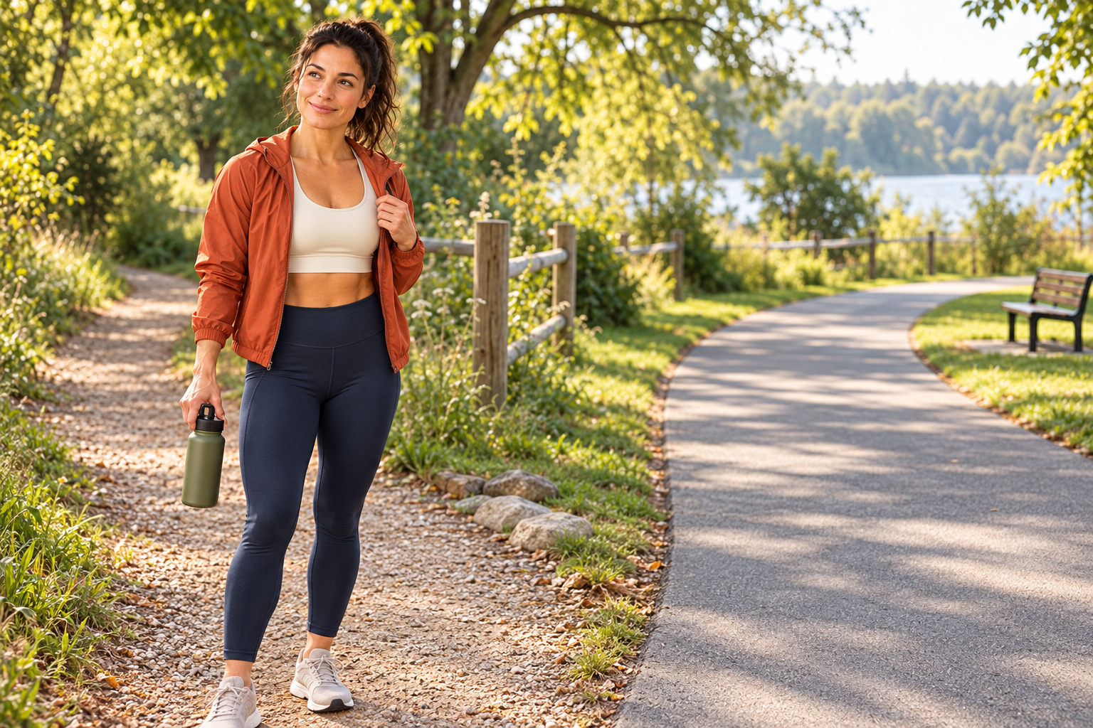 Fitness category avatar choosing between a smooth paved path and a gentle compact trail in a green park.