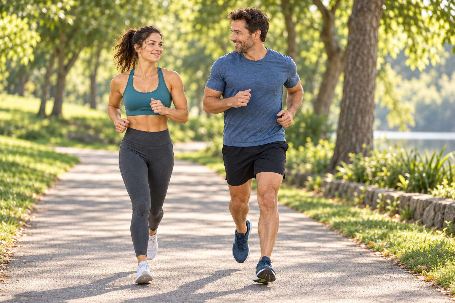 Fitness category avatar jogging easily beside an adult running partner on a tree-lined park path.