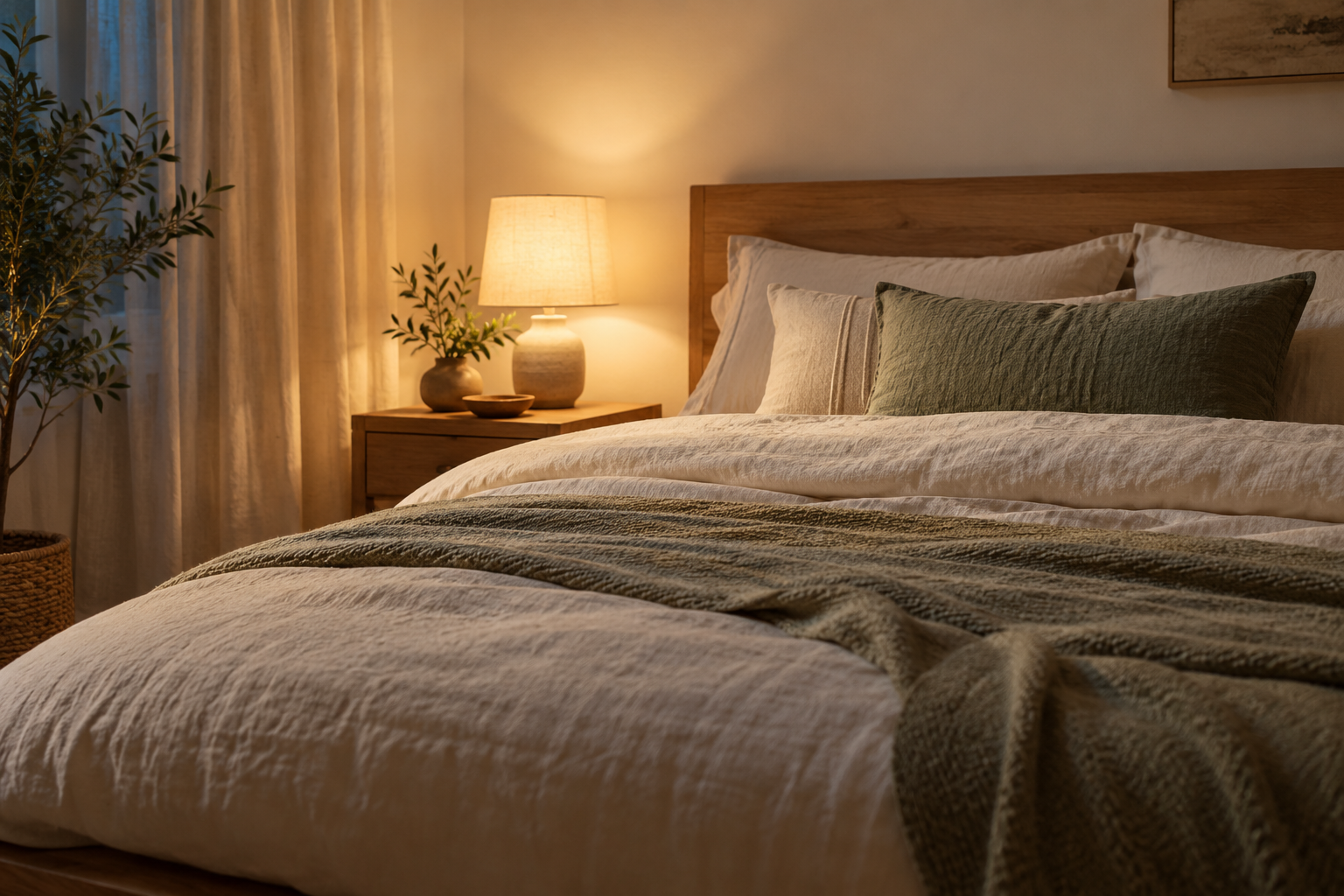 Calm bedroom prepared for sleep with soft light and simple bedding