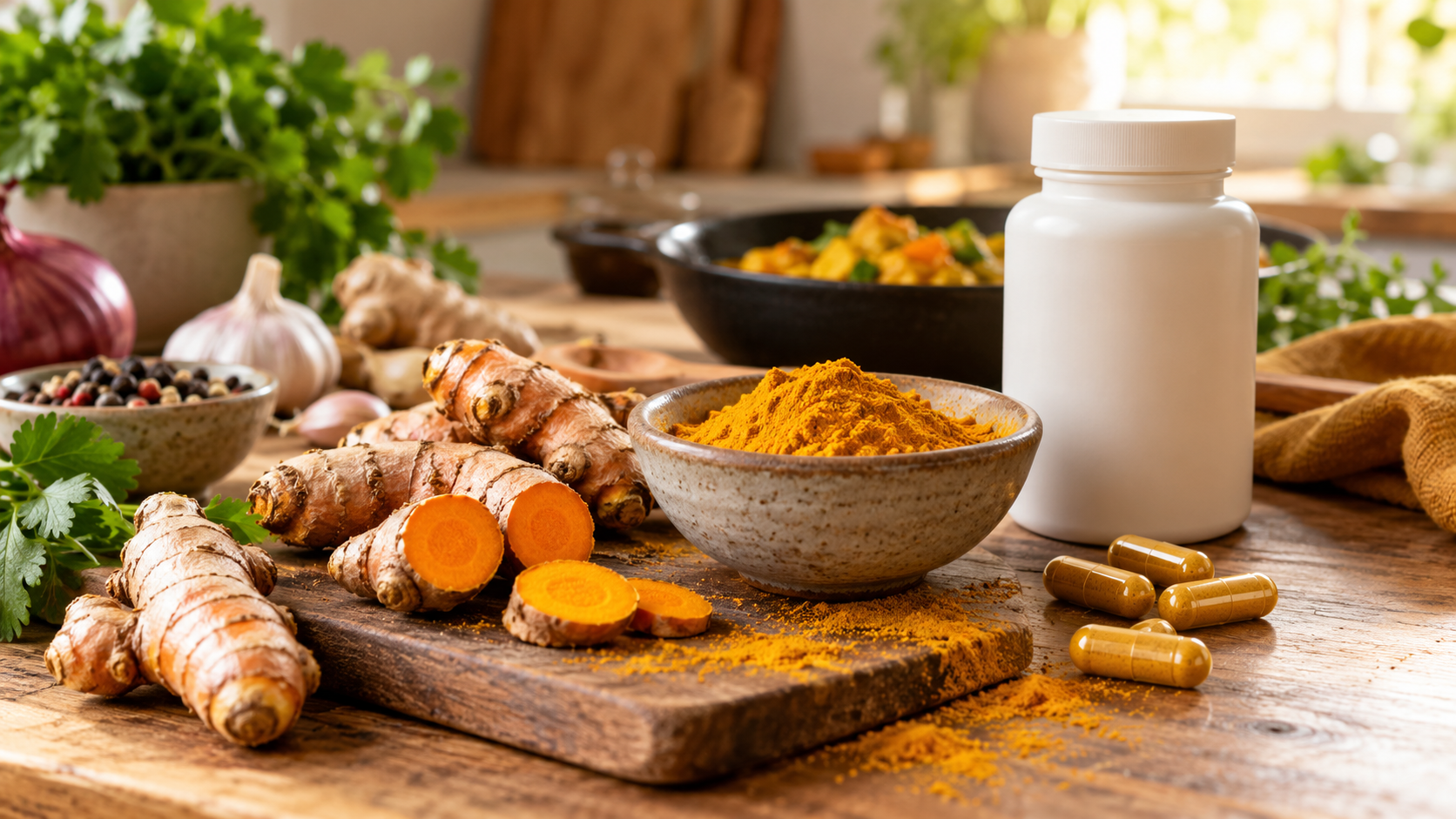 Turmeric root, spice and an unbranded curcumin supplement bottle on a kitchen table