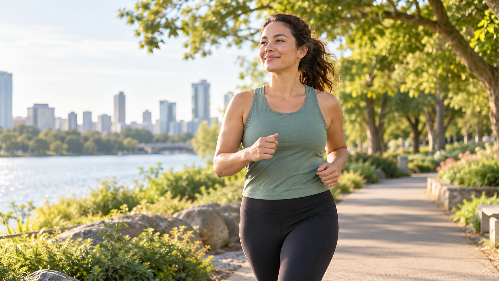 An adult moving from a comfortable walk into a gentle jog on a safe park path.