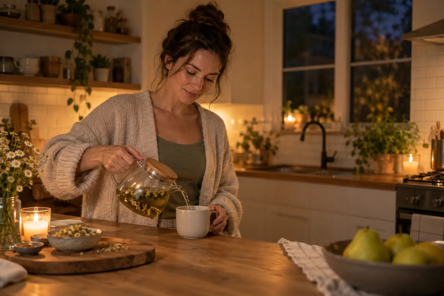 Adult choosing a caffeine-free evening drink in a calm kitchen