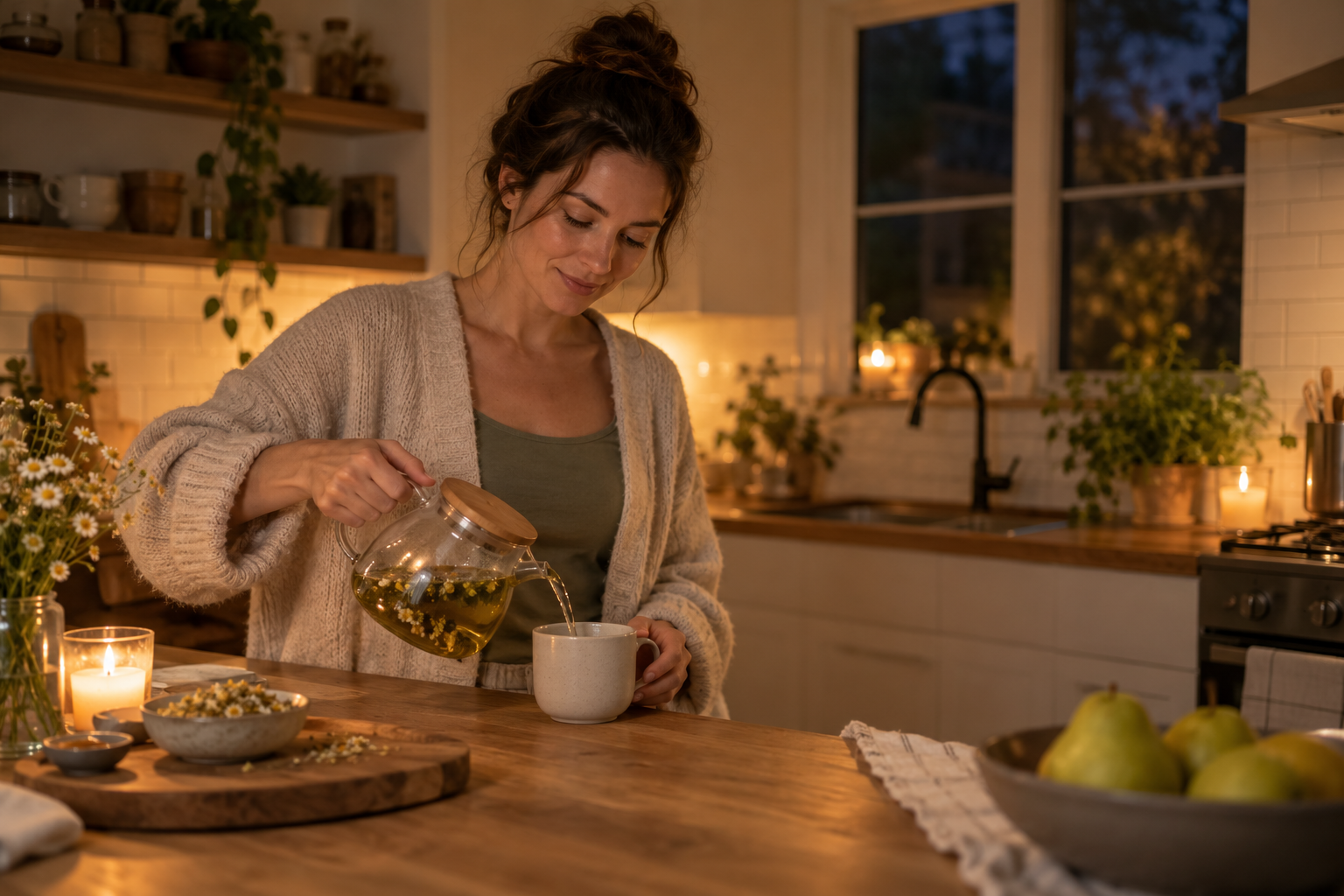 Adult choosing a caffeine-free evening drink in a calm kitchen