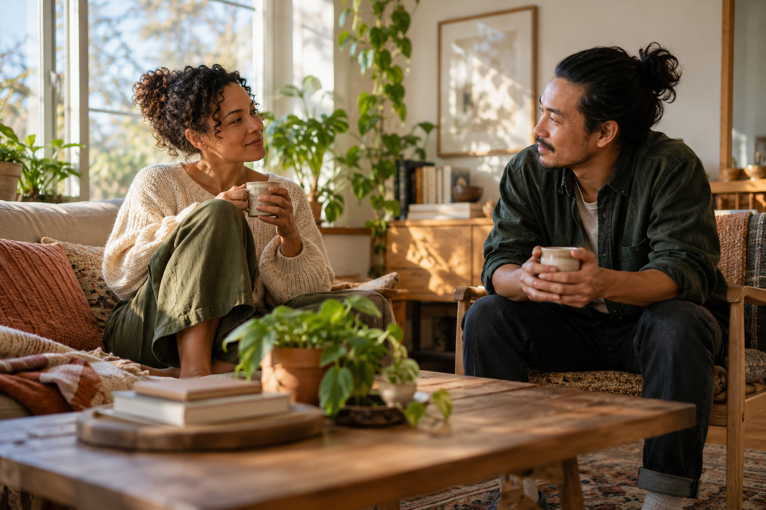 Two people sharing a quiet moment in an ordinary daily routine