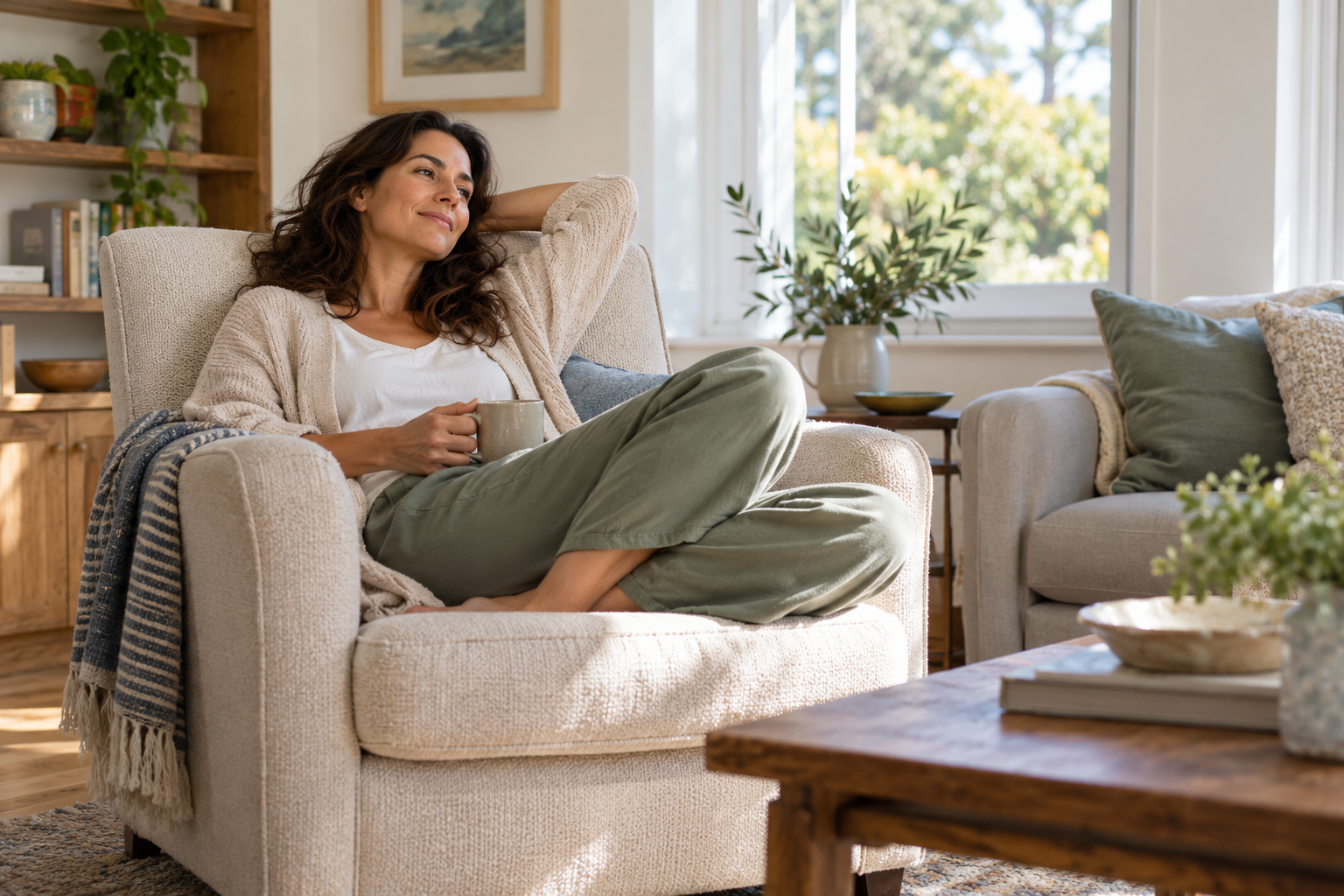 Adult resting briefly in a comfortable chair during the afternoon