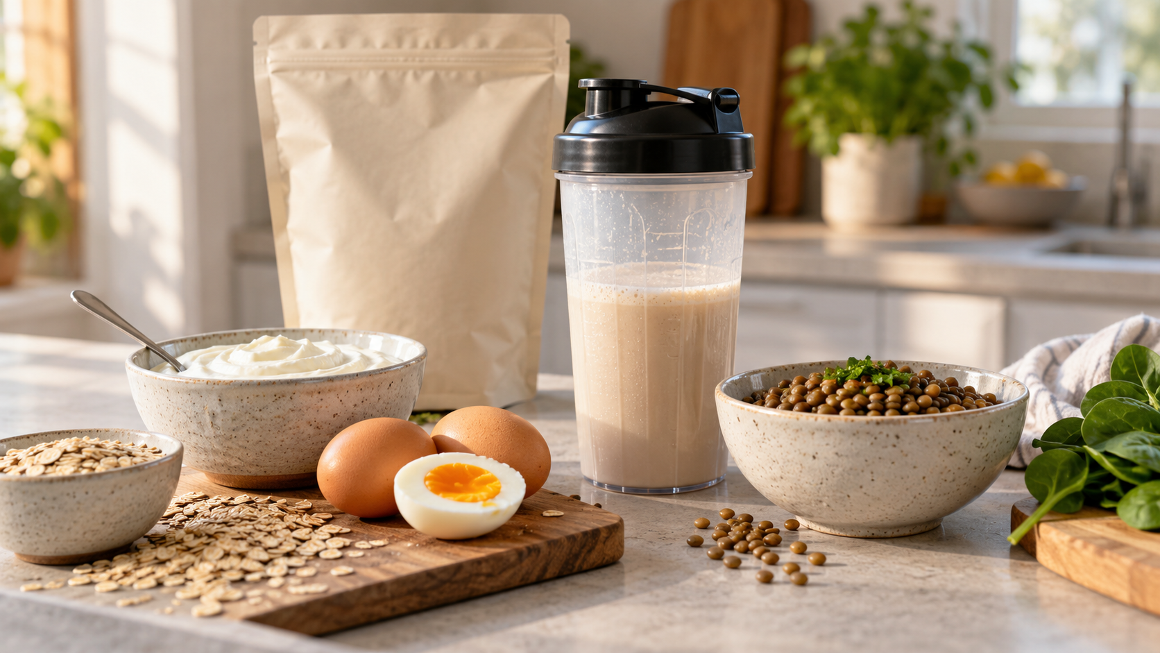 An unbranded protein powder pouch beside whole-food protein options in a bright kitchen