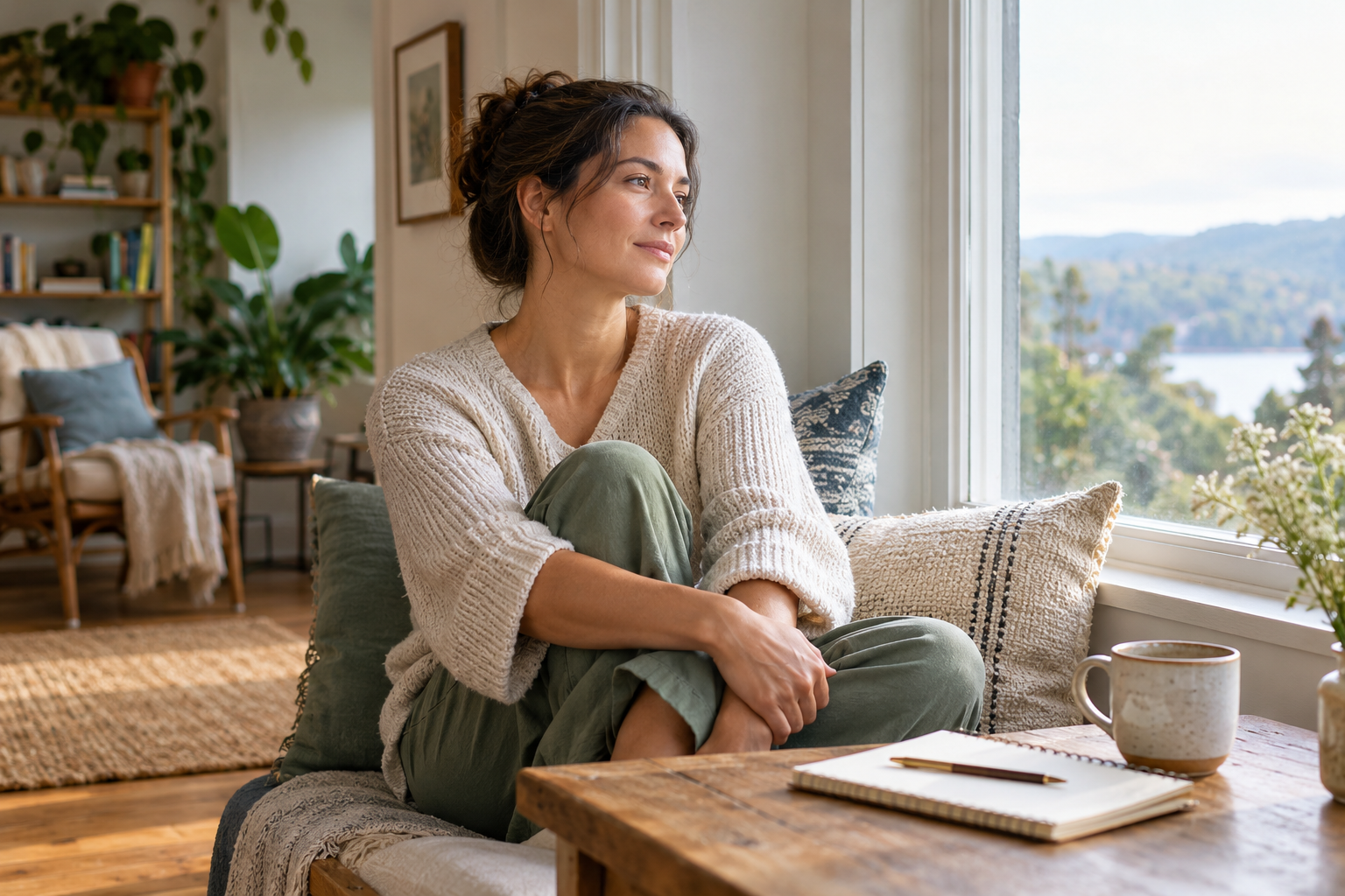 Adult pausing to notice the difference between a demanding day and ongoing worry