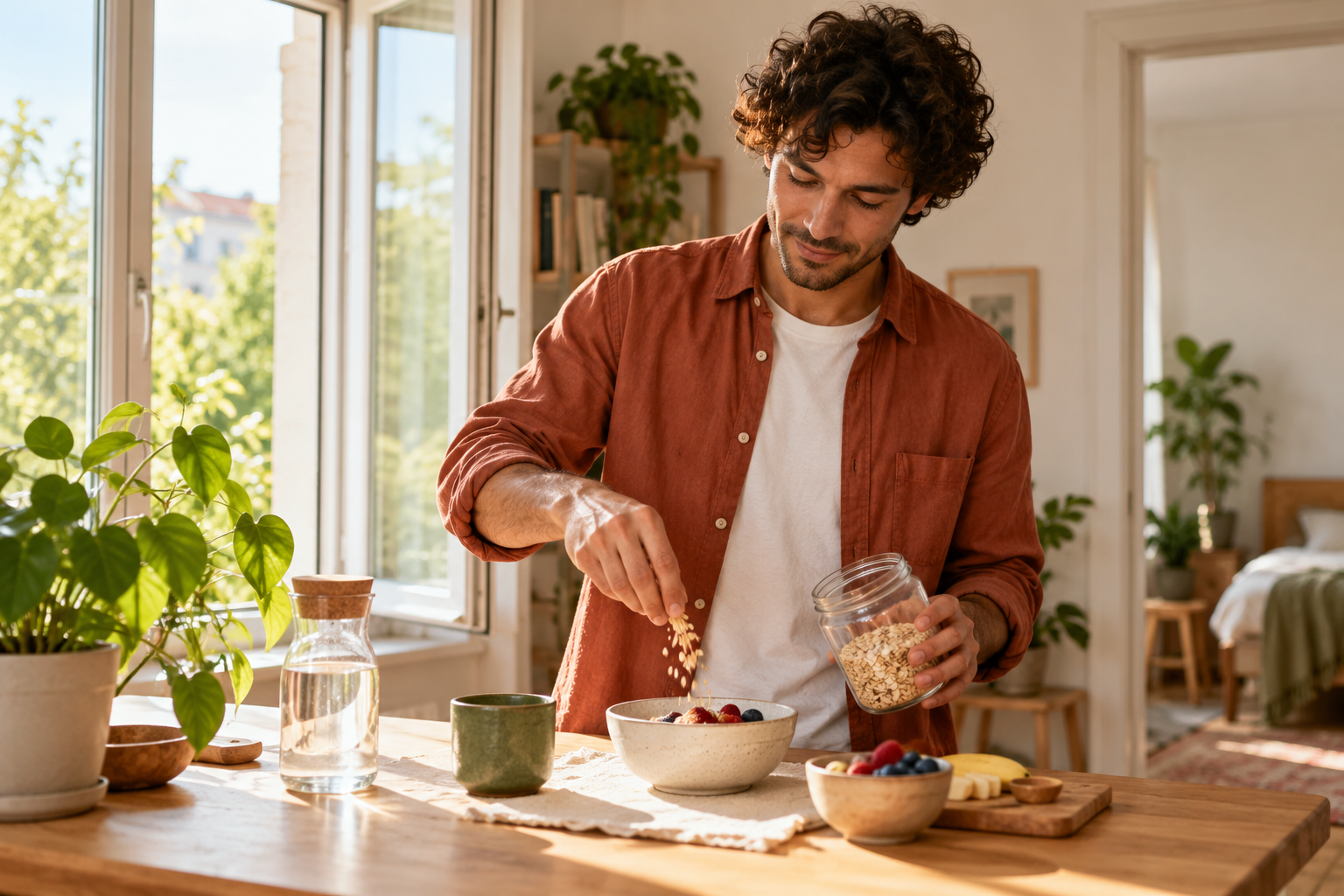 A calm daily wellness routine arranged around ordinary moments at home