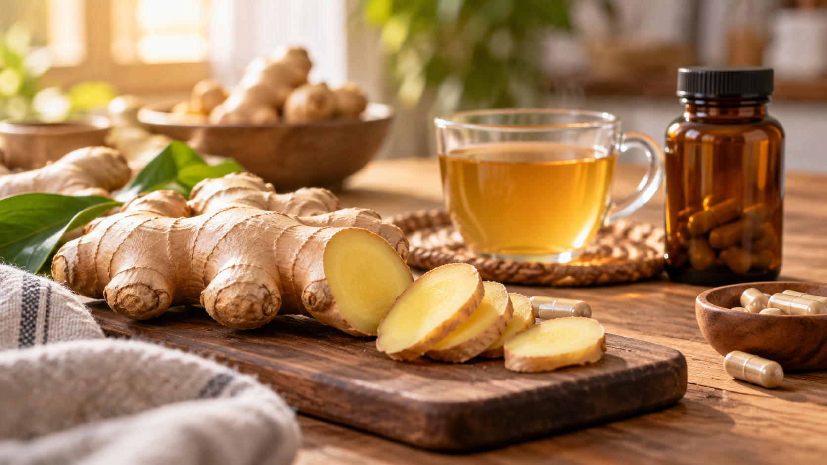 Fresh ginger root, tea and an unbranded ginger supplement bottle on a kitchen table