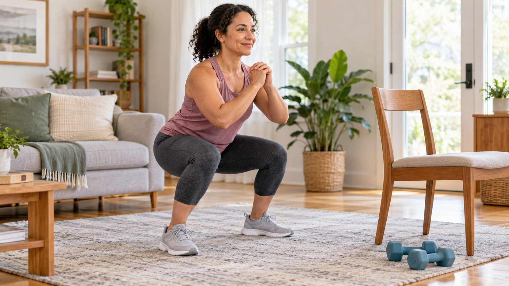 An adult doing a controlled bodyweight squat beside a chair in a bright home