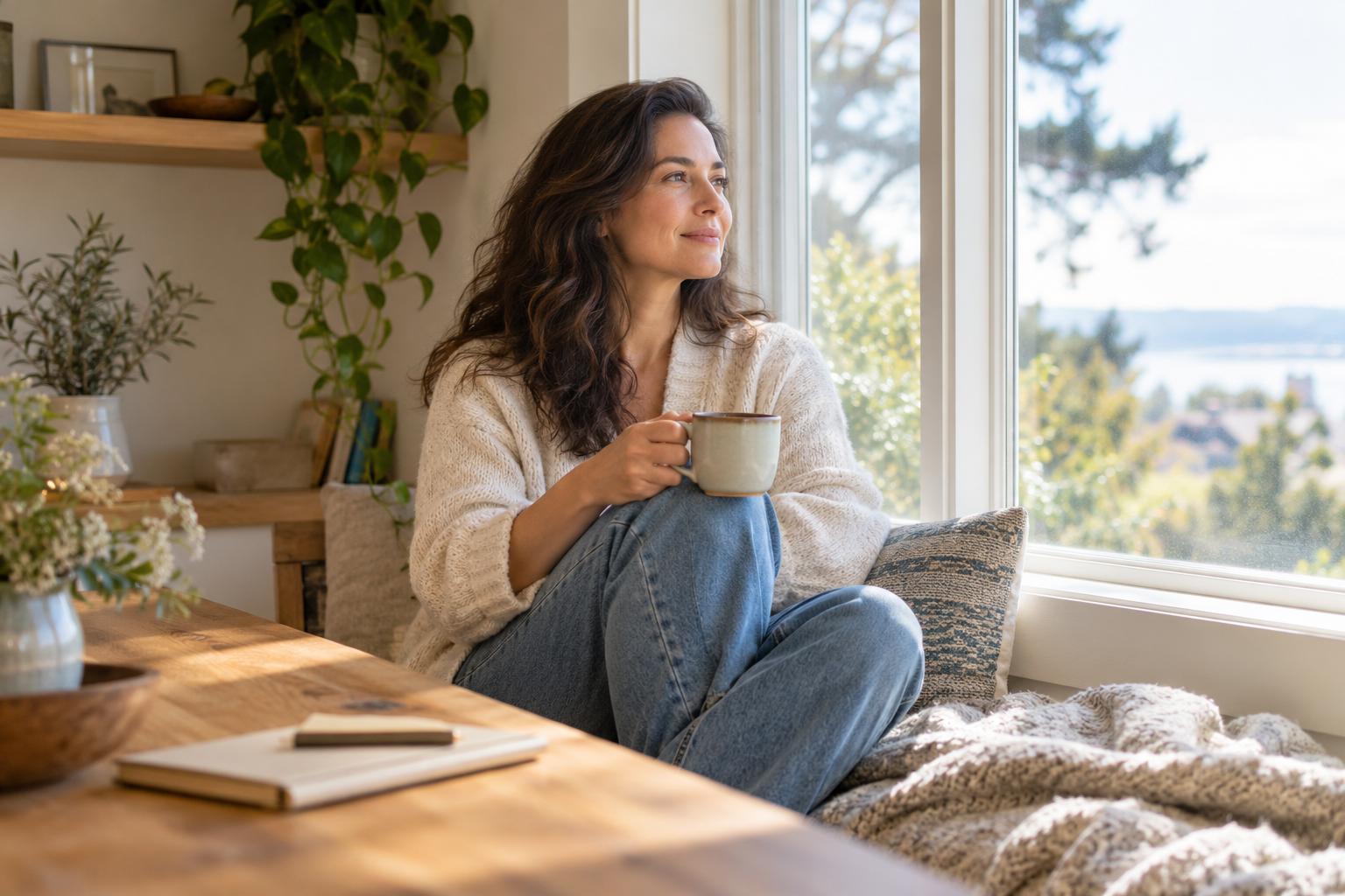 Adult taking a quiet pause near a window during a busy day