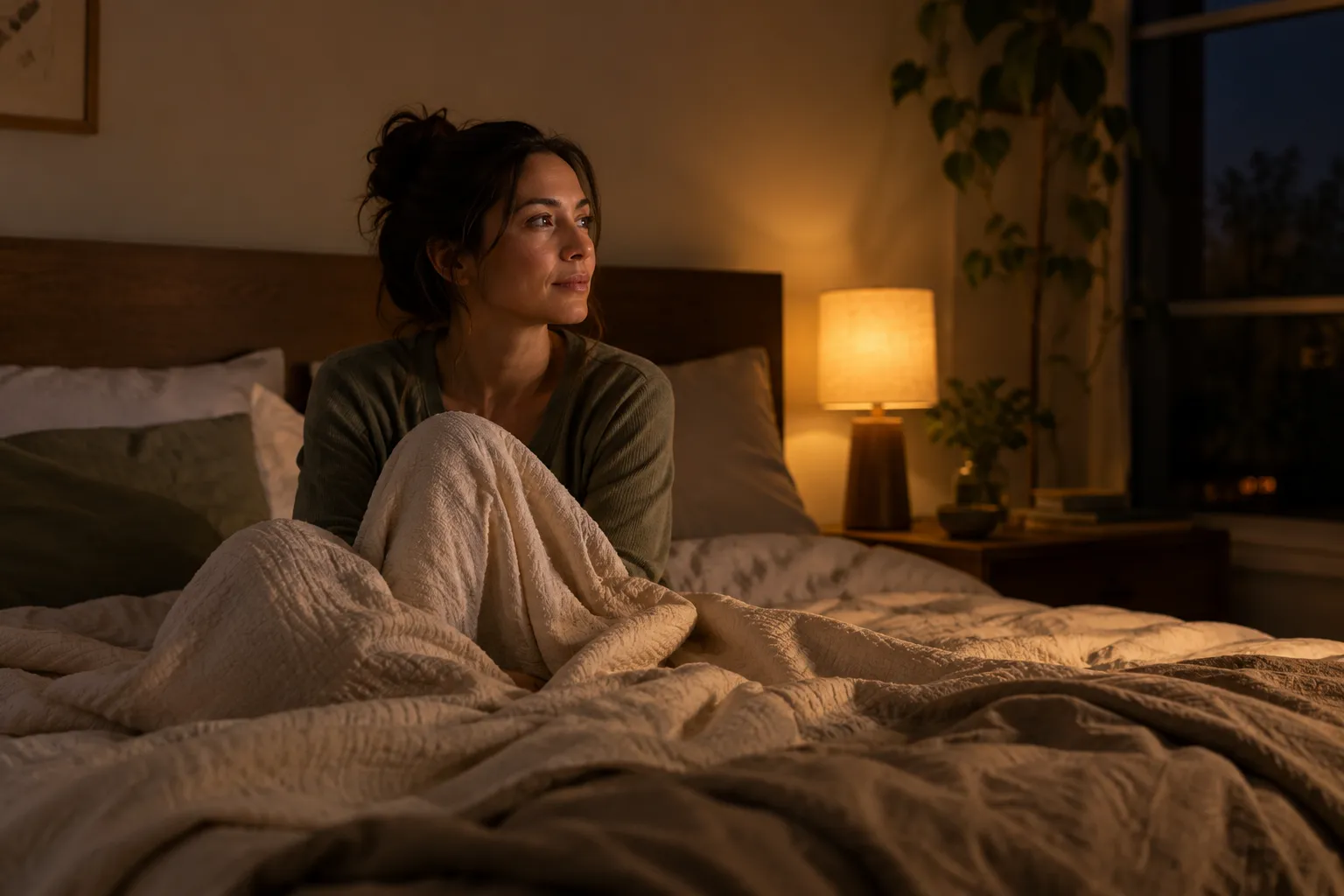Adult sitting calmly in low light after waking during the night