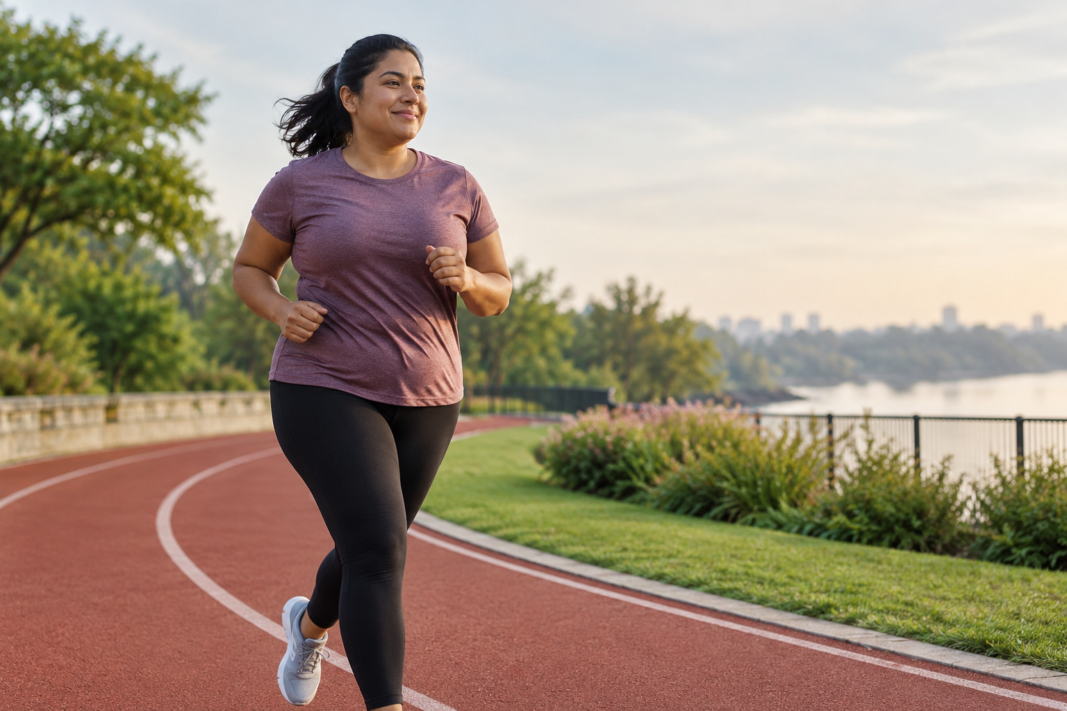 Fitness category avatar completing a short, controlled jog interval on a quiet outdoor track.