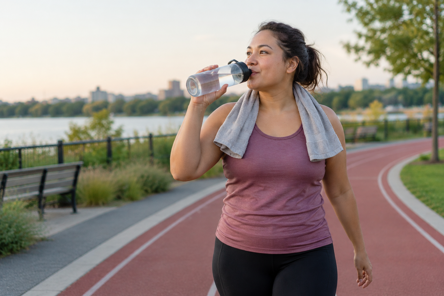 Fitness category avatar walking during a calm recovery interval beside a community track.