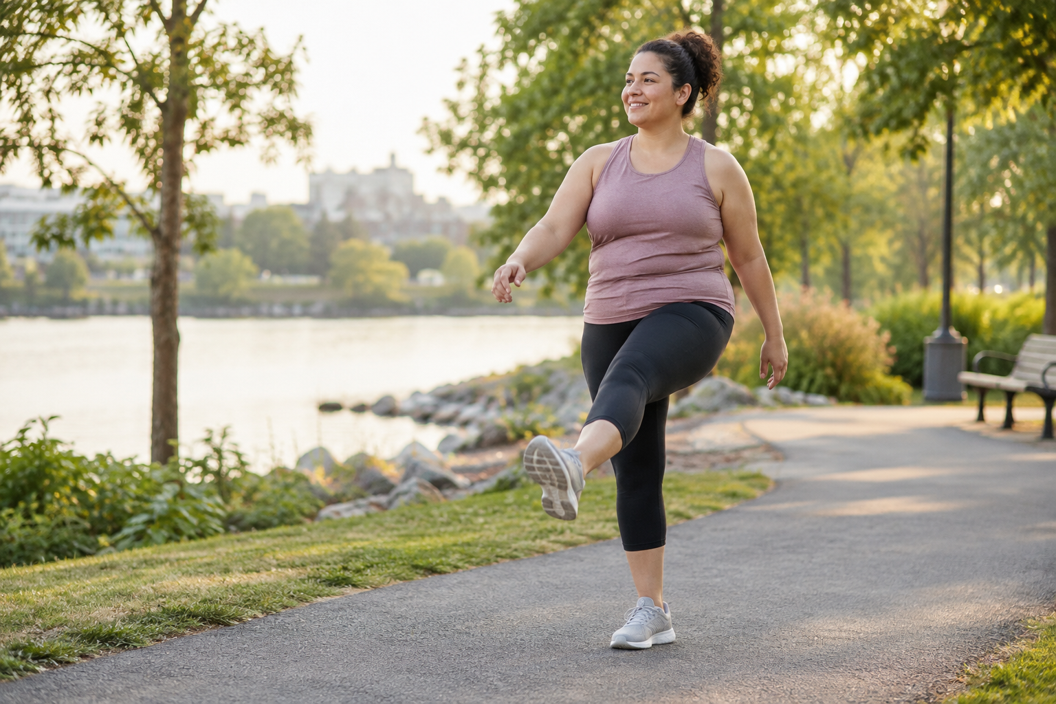 Fitness category avatar preparing for a run-walk session beside a riverside path.